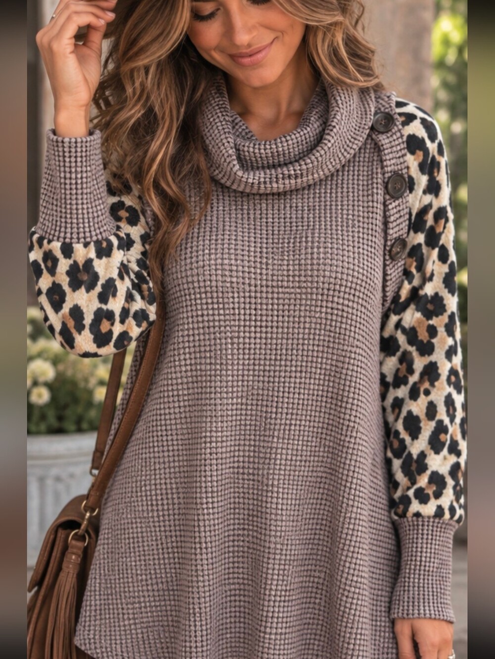 Hailey & Co Small Leopard Print Colorblock Cowl Neck Tunic Sweater Button Detail